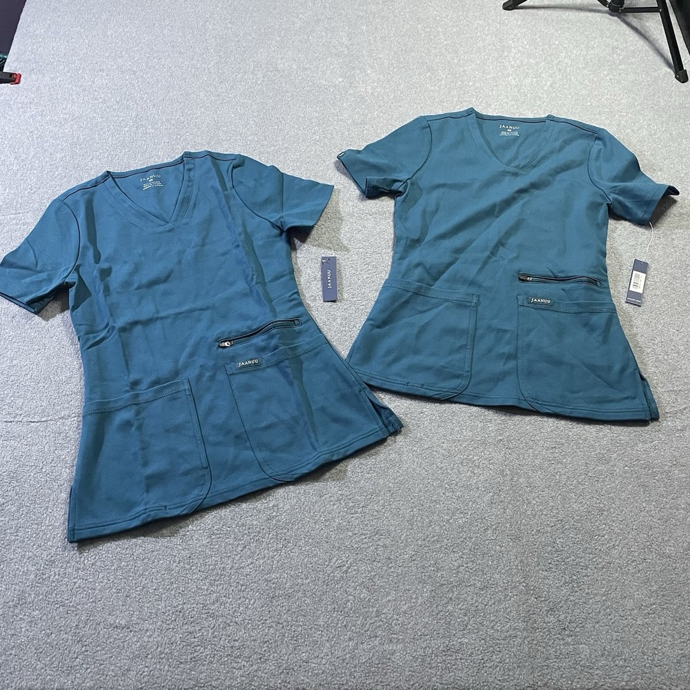 Lot of 2 NWT Jaanuu Womens XS 4-Pocket V-Neck Scrub Tops Caribbean Blue J96202